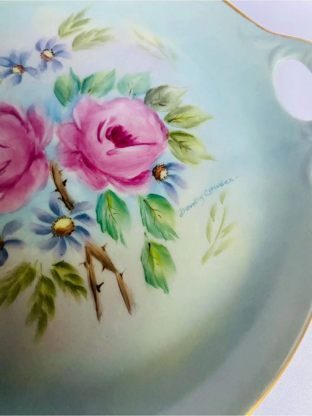 Antique Hand-Painted Porcelain cabinet plate Floral with Gold Trim Signed
